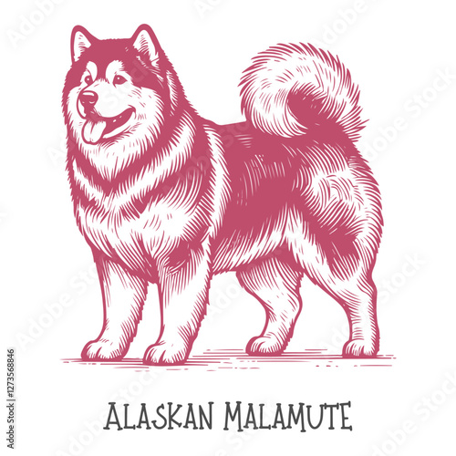 A hand-drawn illustration of an Alaskan Malamute dog with striking fur and strong build