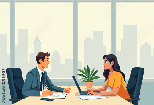 A man and a woman are working together at a desk in an office, with a laptop and a plant in front of them. Flat vector illustration