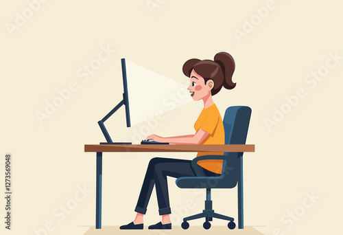 A woman is working on a computer at a desk, with a focused expression and a light shining on her face, indicating she is deeply engaged in her task. Flat vector illustration