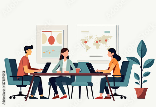 Three people are working together in an office setting, with two seated at a table using laptops and one person standing at the head of the table. Flat vector illustration