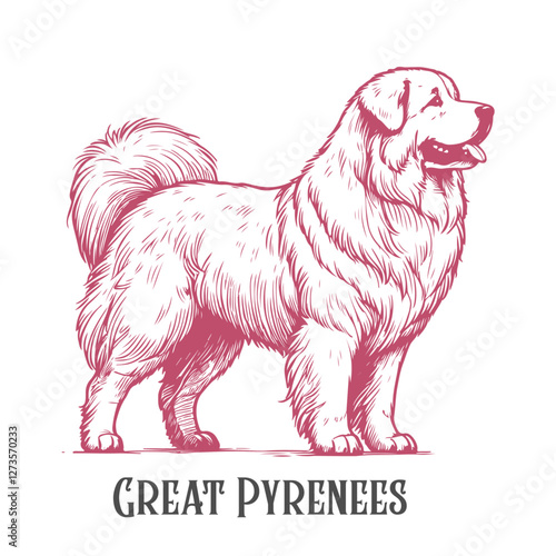 A hand-drawn illustration of a Great Pyrenees dog with elegant posture and expressive eyes
