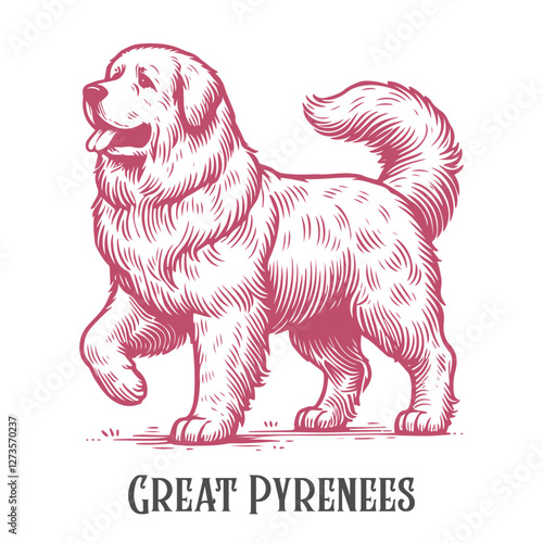 A detailed hand-drawn illustration of a Great Pyrenees with defined fluffy fur