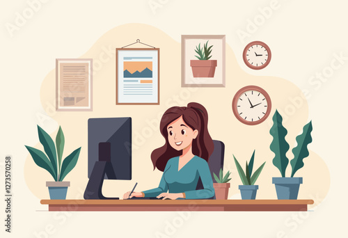 A woman is working at a desk in an office, surrounded by plants and clocks, with a computer monitor and keyboard in front of her. Flat vector illustration