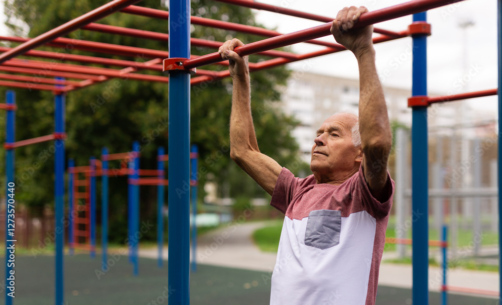 Obraz premium Elderly man pulls himself up on a horizontal bar on street sports field