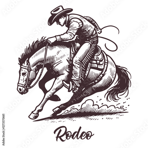 A hand-drawn rodeo illustration of a cowboy on a bucking bronco