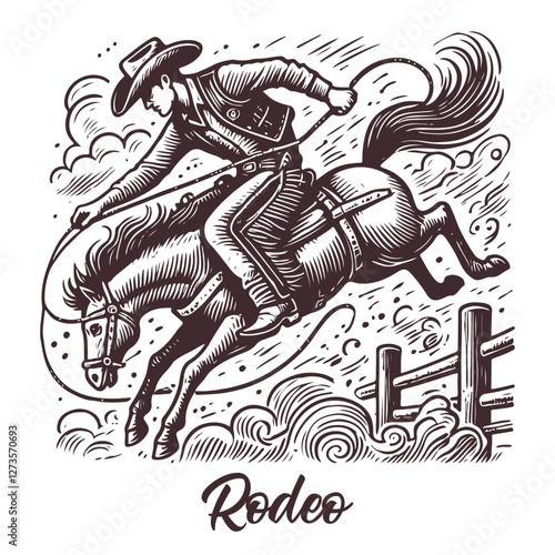 A hand-drawn line art rodeo scene with a cowboy riding a bucking bronco