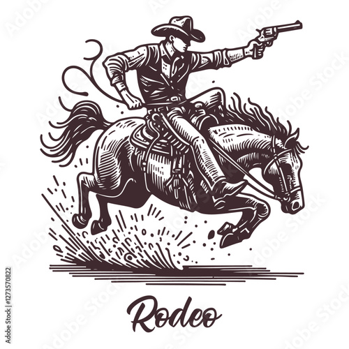 A hand-drawn rodeo scene with a cowboy participating in an intense competition with dynamic motion