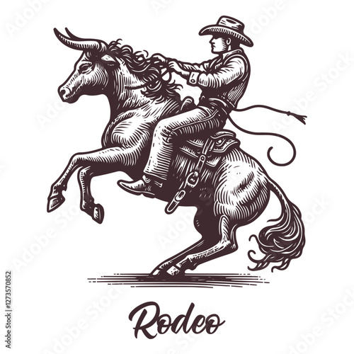 A hand-drawn rodeo illustration of a cowboy on horseback in an action-packed scene