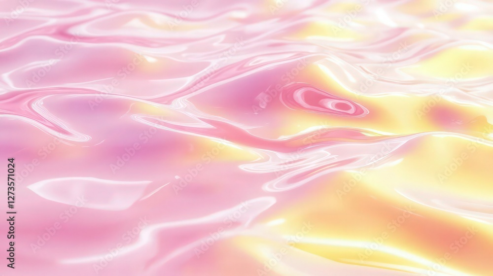 Obraz premium Iridescent pink and yellow light creates shimmering ripples on an abstract water surface, offering a liquid background for modern design projects.