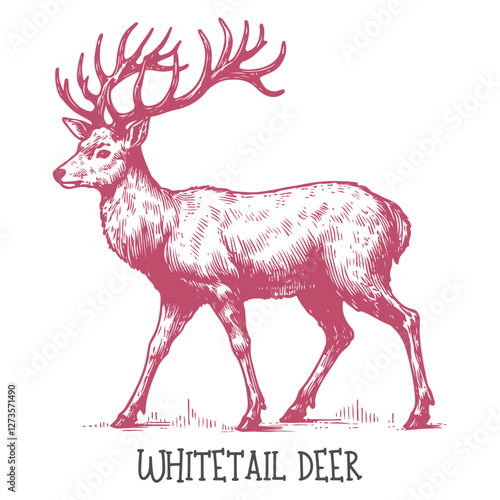 A hand-drawn illustration of a Whitetail deer with antlers and a graceful stance
