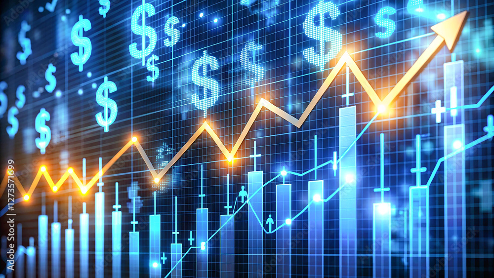 A glowing stock market chart with rising graphs and financial data displayed in a futuristic setting. A glowing stock market chart with rising graphs and financial data displayed in a futuristic setting.