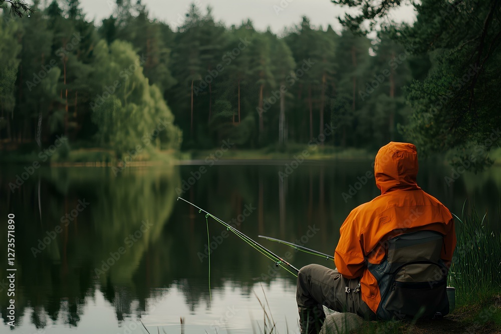 Calm fishing experience at a serene lake surrounded by trees on a quiet morning Calm fishing experience at a serene lake surrounded by trees on a quiet morning