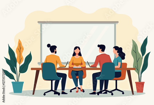 A group of four people are sitting around a table, engaged in a meeting or discussion. Flat vector illustration