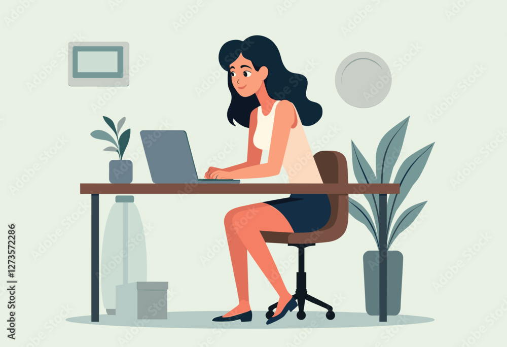 A woman is sitting at a desk, working on a laptop computer. Flat vector illustration A woman is sitting at a desk, working on a laptop computer. Flat vector illustration
