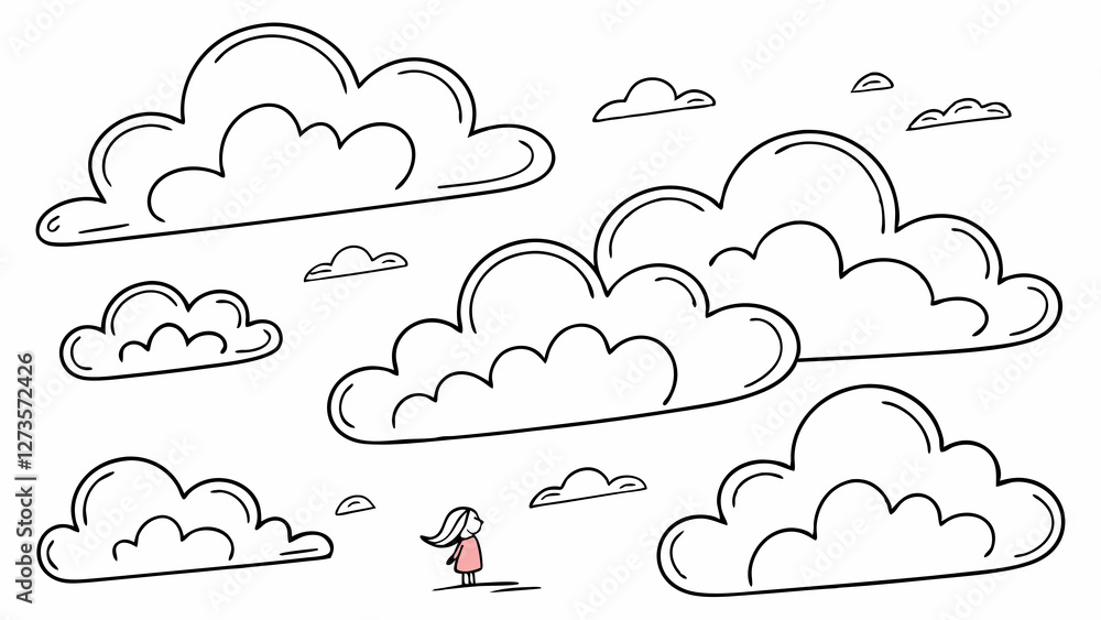 Charming hand-drawn illustration of a small figure looking up at fluffy clouds, featuring a whimsical and playful design, ideal for children's artwork Charming hand-drawn illustration of a small figure looking up at fluffy clouds, featuring a whimsical and playful design, ideal for children's artwork