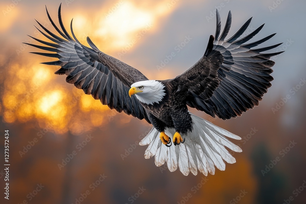 Fototapeta premium Majestic Bald Eagle Soaring at Sunset