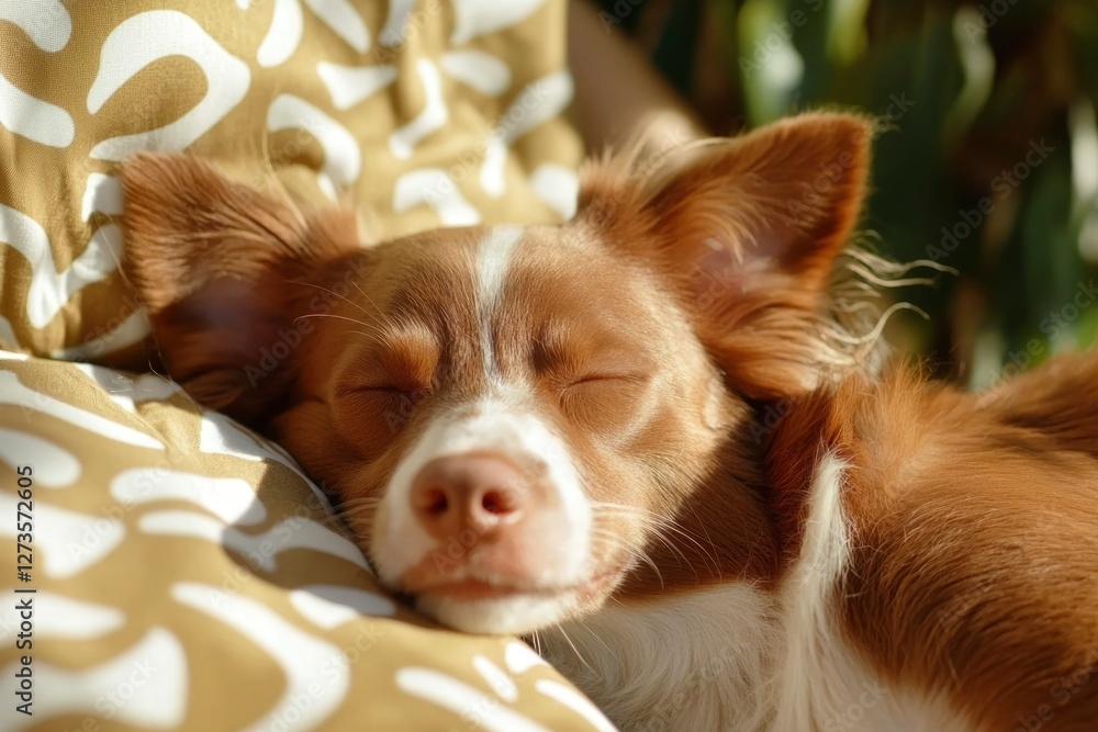Dog sleeps peacefully on person's lap outdoors. Sunny background for pet store ad Dog sleeps peacefully on person's lap outdoors. Sunny background for pet store ad