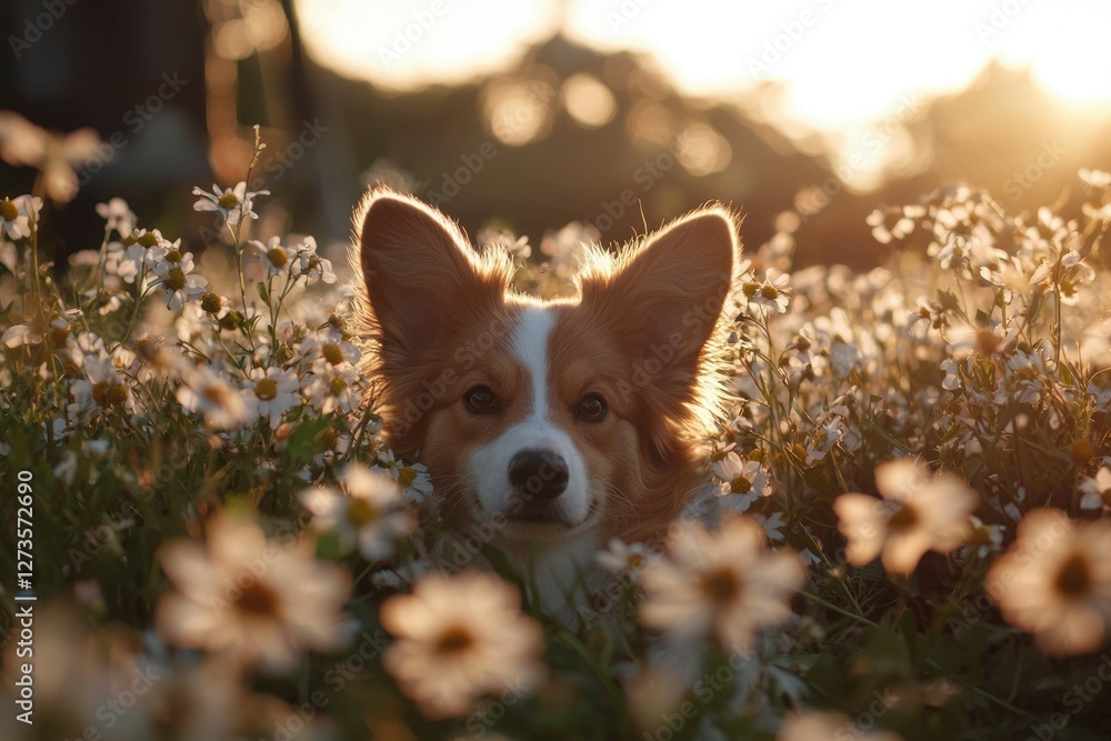 Corgi dog portrait in a daisy flower field at sunset for nature blogs and websites Corgi dog portrait in a daisy flower field at sunset for nature blogs and websites
