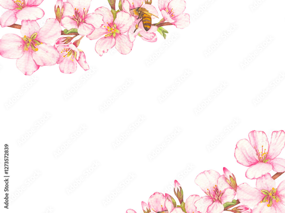 Naklejka premium Frame of hand-painted watercolor illustration of fruit tree blossom with bees on flowers. The theme of farming, spring, bees, apiary, honey. Ideal for seasonal holidays, weddings, children's themes.