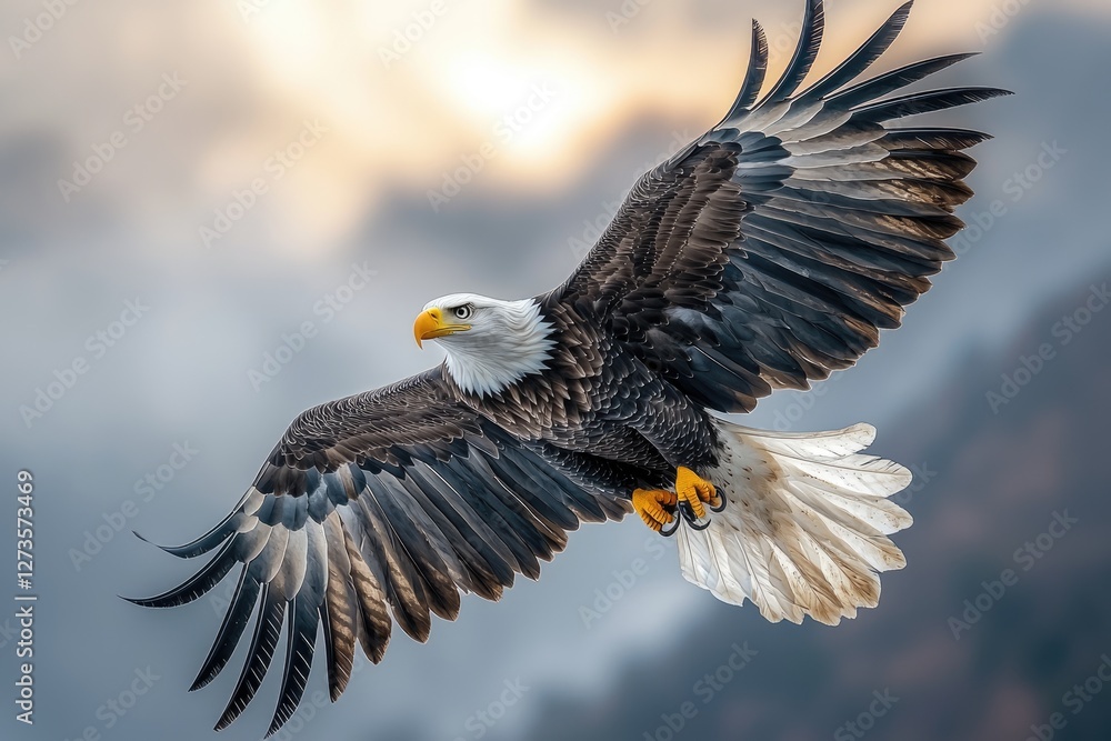 Fototapeta premium Majestic Bald Eagle Soaring Through Cloudy Skies