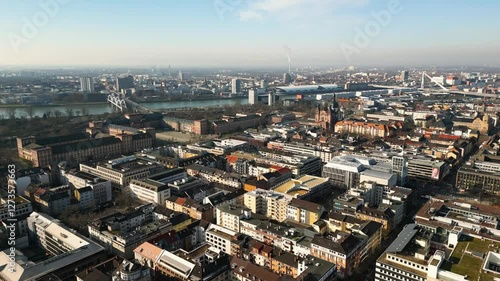 Drone flight over Mannheim's downtown towards the castle, Jesuitenkirche, Rhine River, and Ludwigshafen on a sunny day. photo