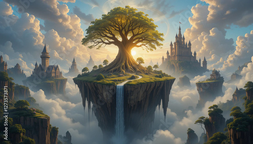 Enchanted Fantasy World with Floating Islands and Magic Tree