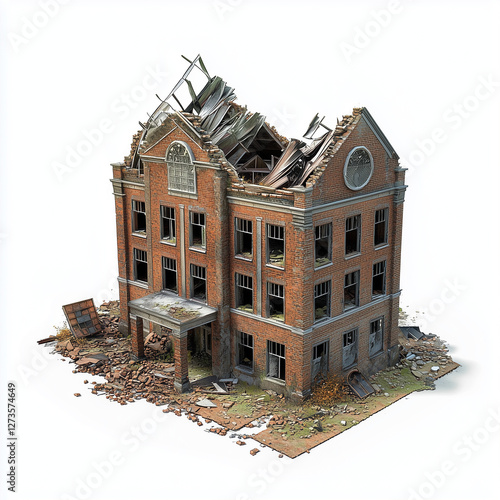 3D Render, Low Poly style of destroyed building with collapsed roof and crumbled walls, on isolated white background