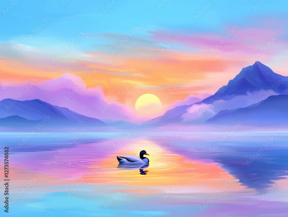 Fototapeta premium Serene sunset with a duck on calm water.
