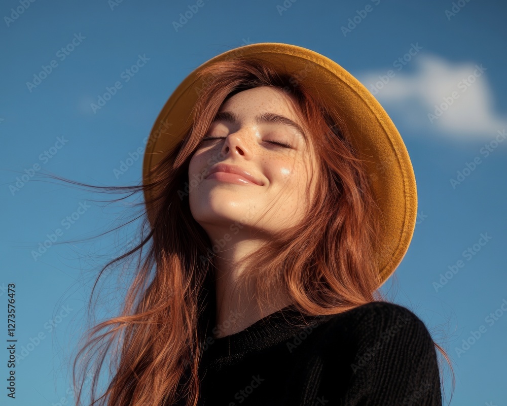 Fototapeta premium A girl with long red hair, wearing a yellow hat, smiling against a blue sky and distant clouds.