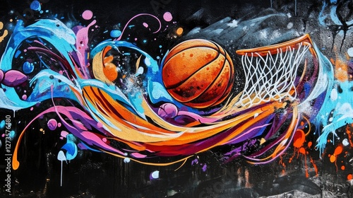 Street art artistic image of basketball graffiti, sport elements, black background