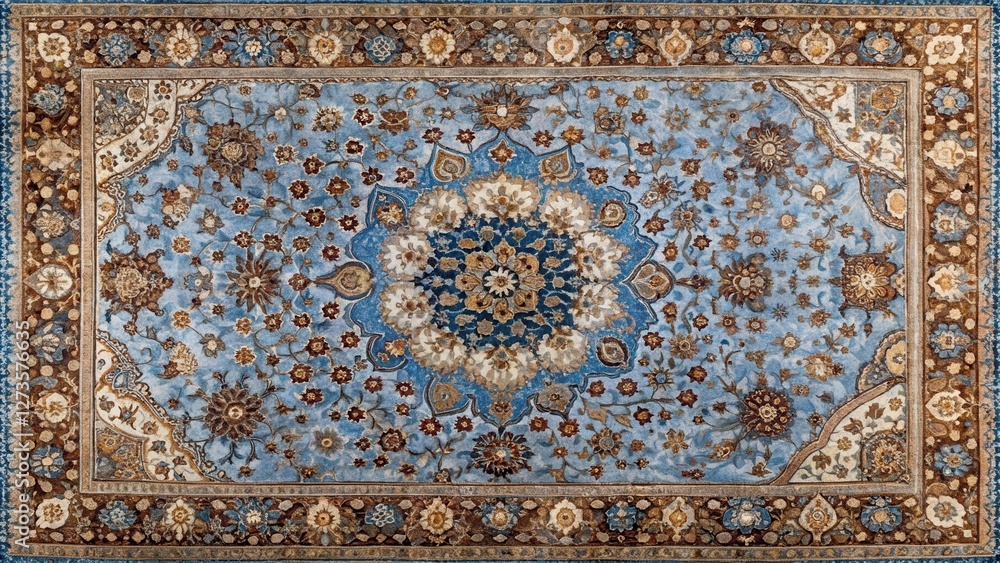 Intricate floral patterns on a traditional blue brown Persian rug top view, design, rug, design, rug, floral, persian Intricate floral patterns on a traditional blue brown Persian rug top view, design, rug, design, rug, floral, persian