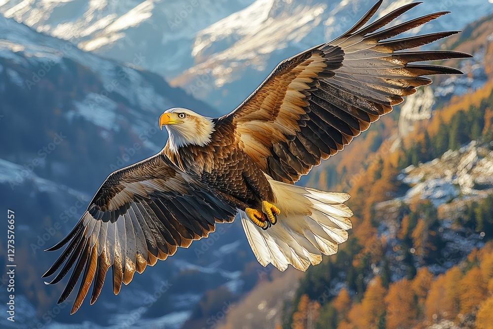 Obraz premium Majestic Bald Eagle Soaring Over Mountainous Landscape
