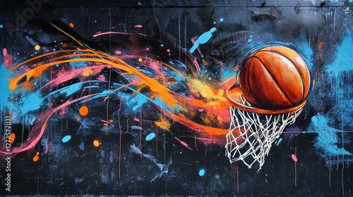 Street art artistic image of basketball graffiti, sport elements, black background