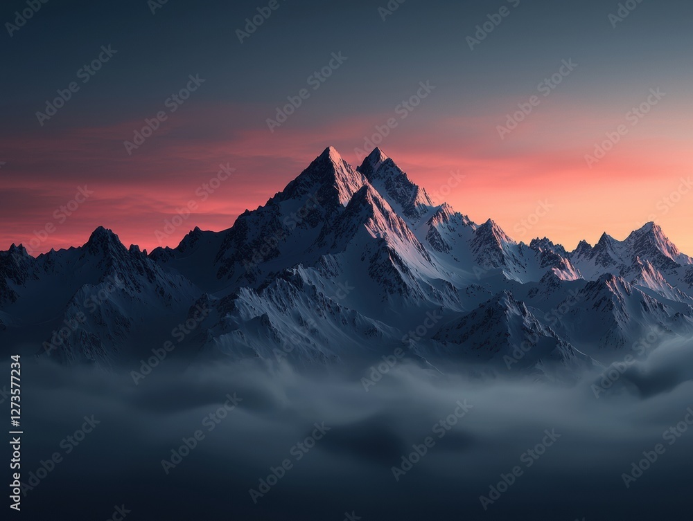 Majestic snow-capped mountains at sunset above the clouds. Majestic snow-capped mountains at sunset above the clouds.