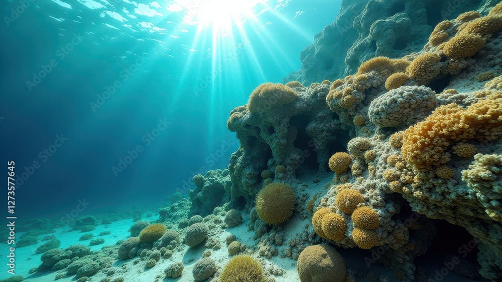 Obraz premium Underwater coral reef with diverse marine life and sunlight rays filtering through water 