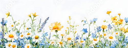 A detailed watercolor painting of white, blue, and yellow wildflowers on an isolated background with daisies
