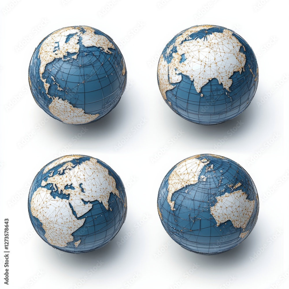 Four Glass Earth Globes on White: Global Perspectives and Interconnectedness Visualized Four Glass Earth Globes on White: Global Perspectives and Interconnectedness Visualized