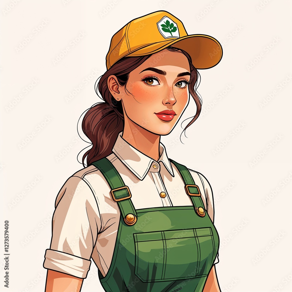 Woman in farmer uniform cartoon illustration on plain white background Woman in farmer uniform cartoon illustration on plain white background