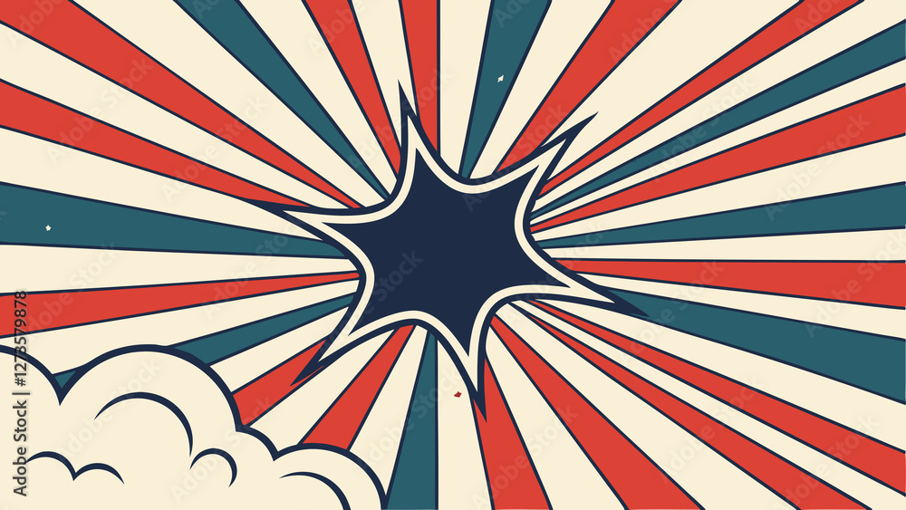 Fototapeta premium Vibrant comic-style burst illustration with rays of red, blue, and cream, featuring a central explosion shape, perfect for dynamic visuals