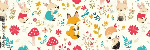 Seamless pattern with cute animals, flowers, and mushrooms for textile