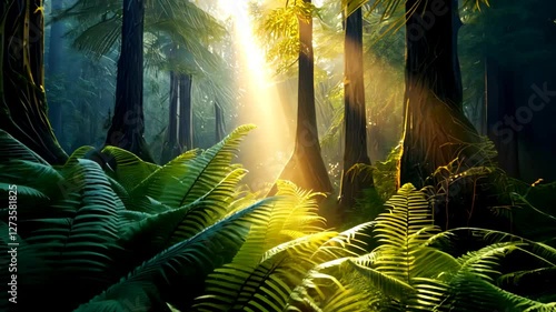 Sunlit redwood forest with ferns and morning sun rays shining through the trees