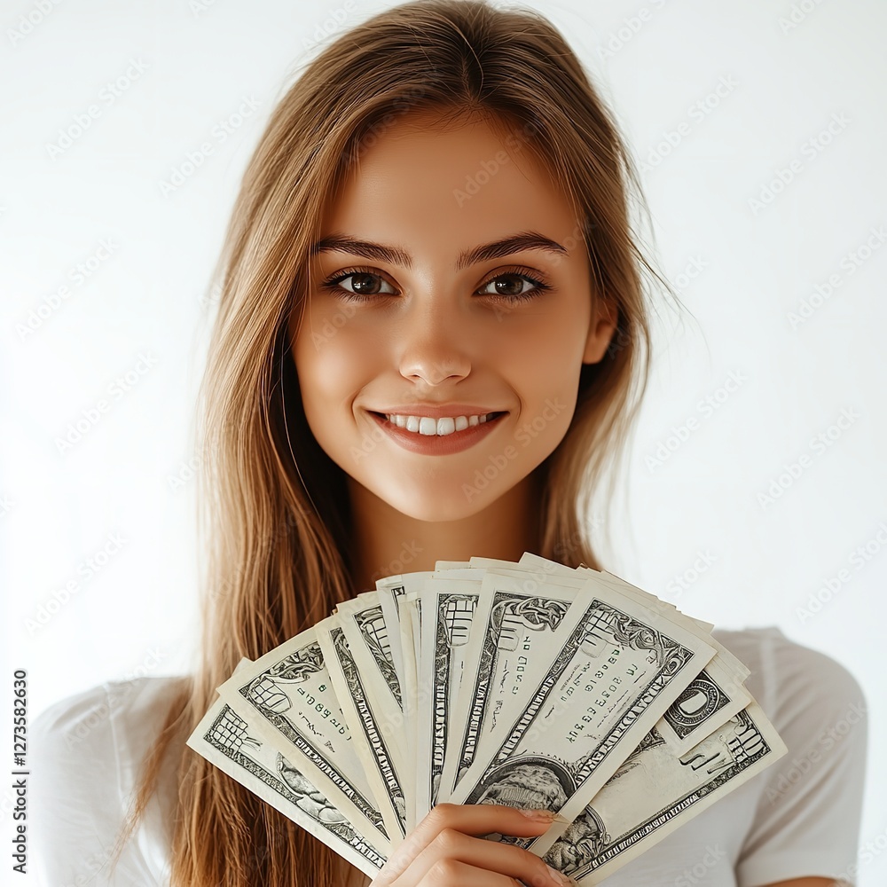 Blurred Face Person in Beige Long-Sleeve Shirt and Light Blue Jeans Holding Multiple U.S. Dollar Bills on a Plain White Background Blurred Face Person in Beige Long-Sleeve Shirt and Light Blue Jeans Holding Multiple U.S. Dollar Bills on a Plain White Background