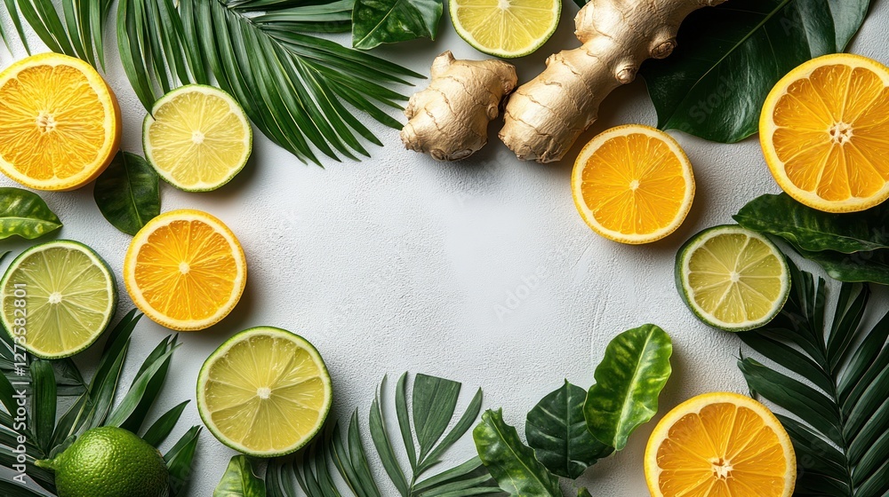 Tropical fruit and ginger arrangement on a light surface Tropical fruit and ginger arrangement on a light surface