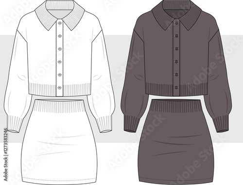 Women's cardigan sweatshirt and mini skirt Set. Technical fashion illustration, drawing. Flat apparel set template ,Women's CAD mock-up.	