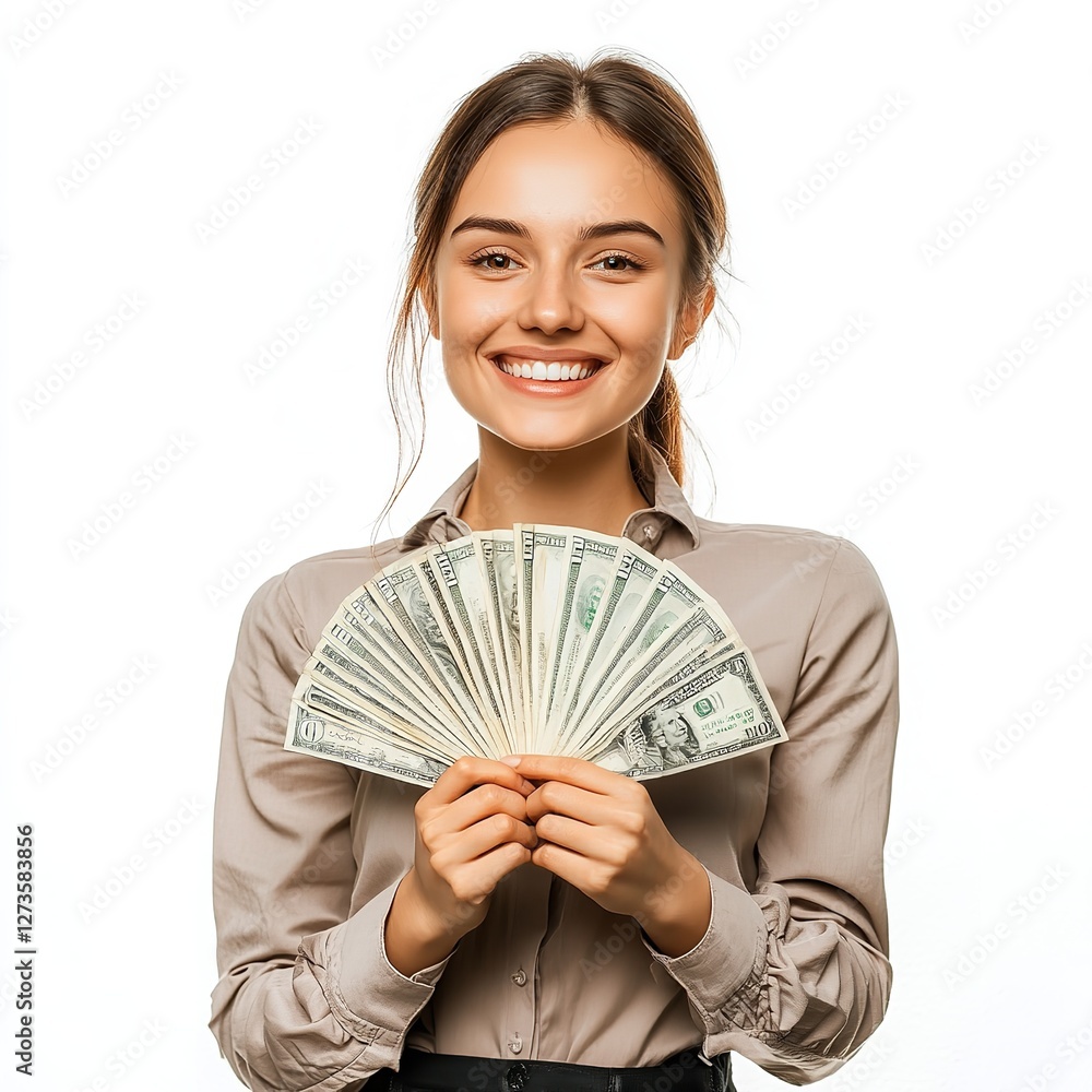 Business Professional in a Dark Suit Holding a Fan of U.S. Dollar Bills Against a Pristine White Background, Symbolizing Financial Success and Wealth Business Professional in a Dark Suit Holding a Fan of U.S. Dollar Bills Against a Pristine White Background, Symbolizing Financial Success and Wealth
