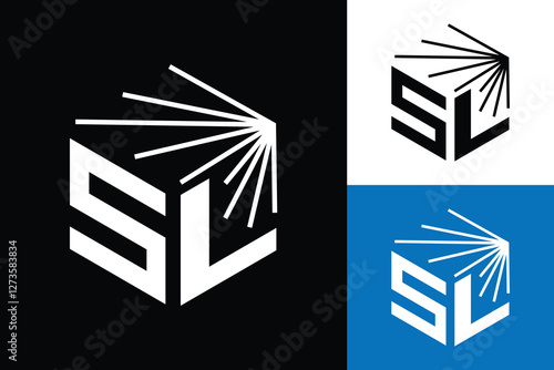 Photos The image shows a flat logo design of an initial SL with a spotlight in hexagona