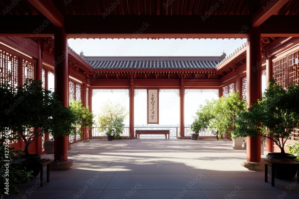 Fototapeta premium Tranquil Chinese courtyard with red columns, bonsai trees, for zen background