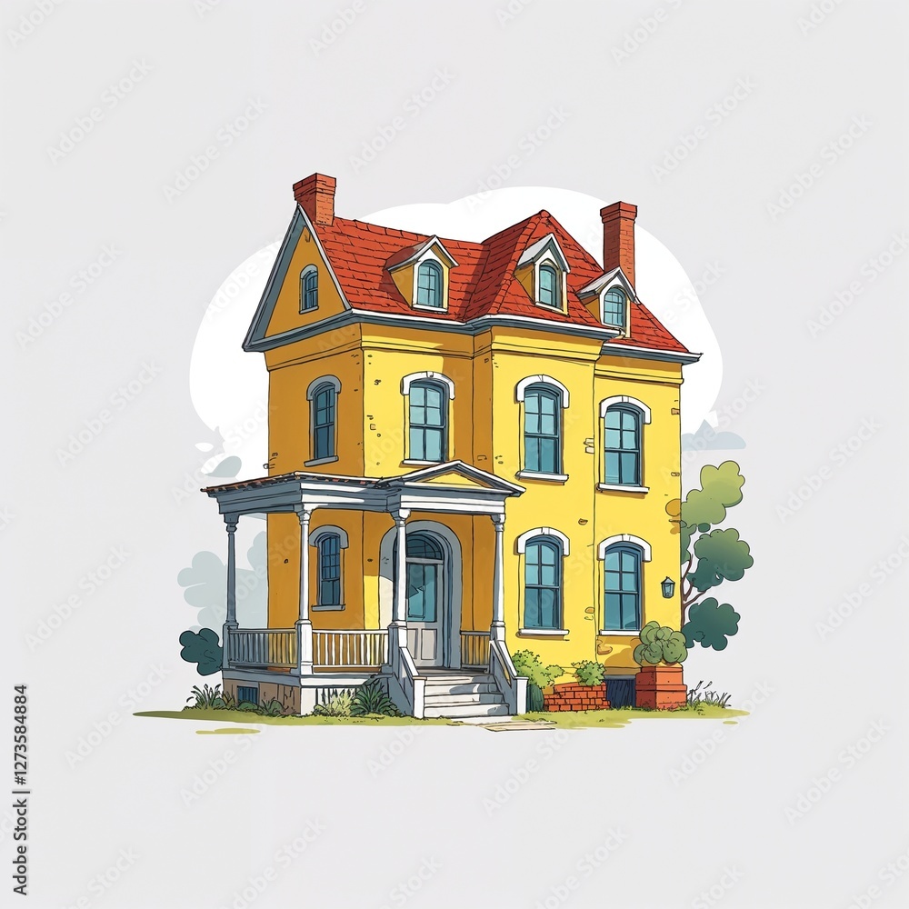 Naklejka premium Yellow old house cartoon illustration on plain white background