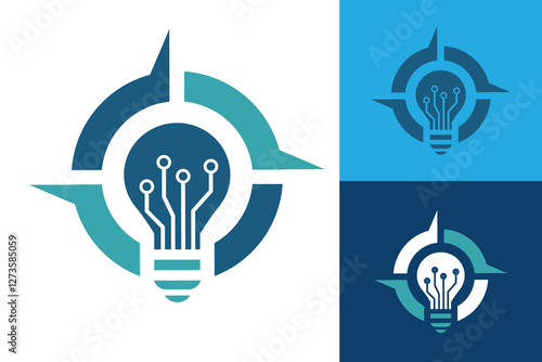 The image shows a logo design of a light bulb inside a compass with transistor line that looks clean and fresh on a white background