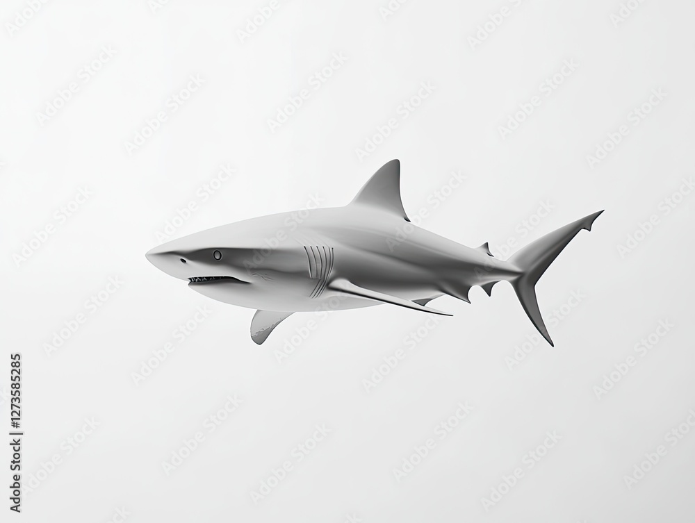 Fototapeta premium White shark is swimming in the ocean. The shark is large and has a menacing look on its face. Concept of danger and power, as the shark is a formidable predator in the ocean